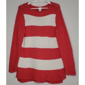 Chico's Tunic Sweater Size 2 Pink White Open Chunky Knit Pullover Long Sleeve